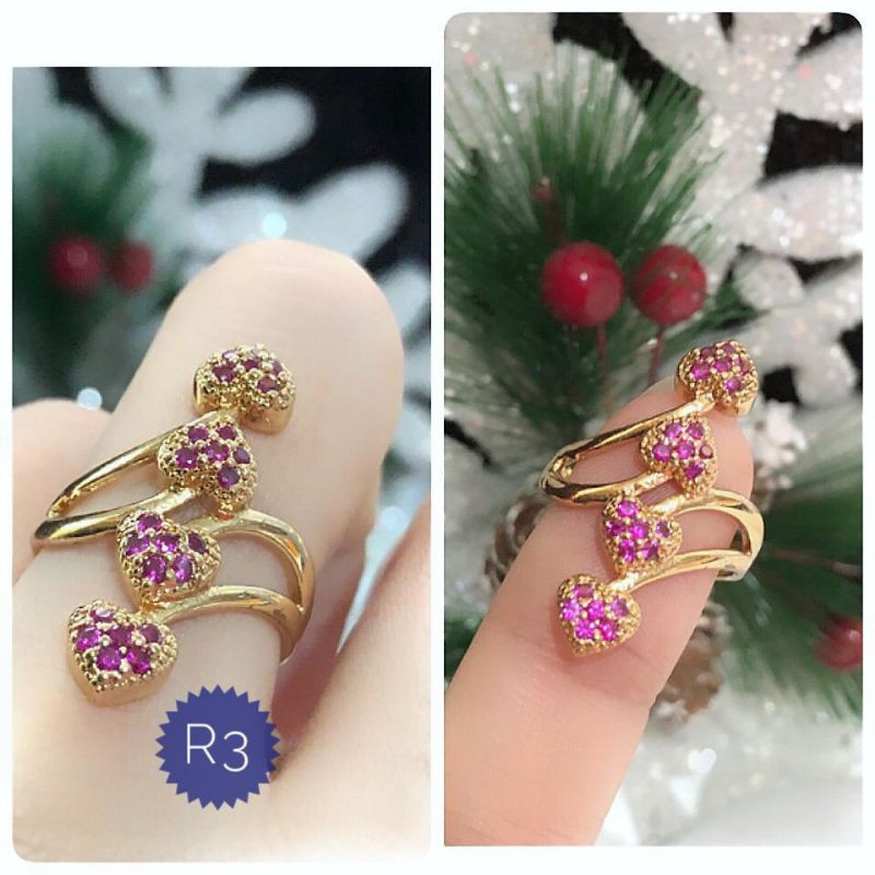 (SEP) TERMURAH Set Perhiasan Lapis Emas Xuping Cincin Permata Ungu Pink Susun Cantik Titanium Gold