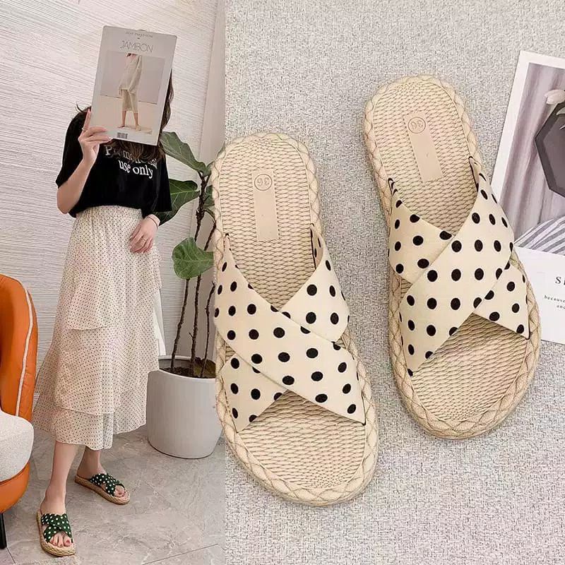 Sandal Wanita Sandal Silang Etnik Polkadot Sendal Cewek Etnik Suede