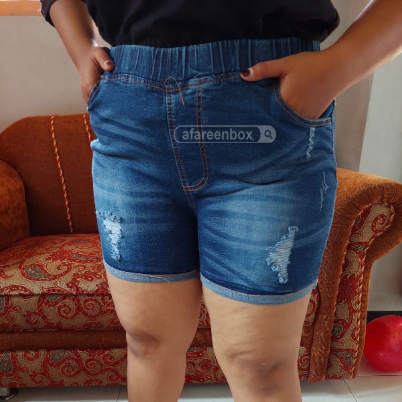 AFAREEN - Hotpant Jeans Ripped Whisker Stretch/ Melar Celana Pendek Jeans Wanita Korean Style Big Size Jumbo size 35-42