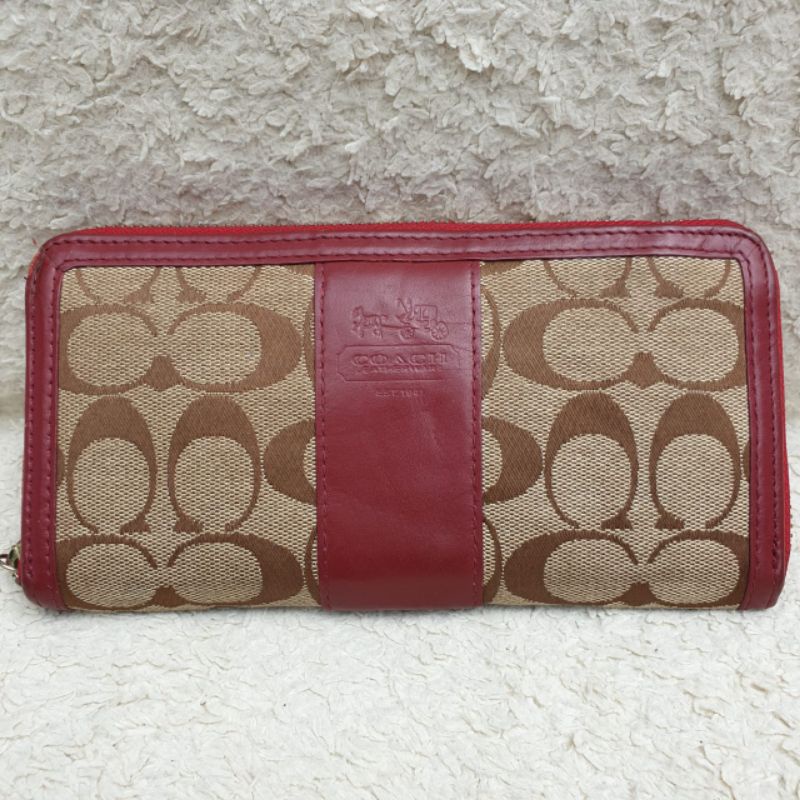 Dompet Coach Wanita Maroon Kanvas Mix Kulit Asli Preloved Second