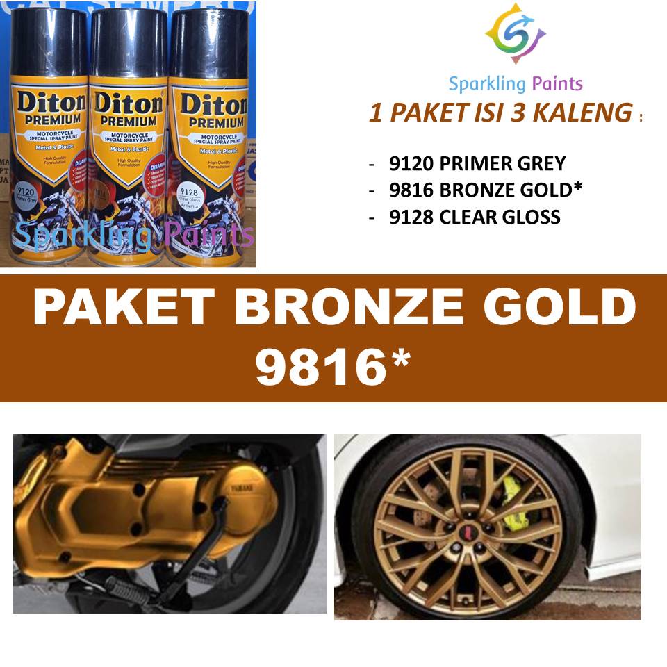 Paket Lengkap Cat Pilox Diton Premium 9816 Bronze Gold Tembaga 400cc Velg Mesin Sepeda Motor Mobil