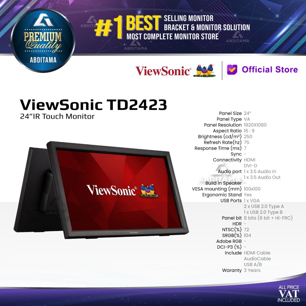 Monitor LED Touch Viewsonic TD2423 24&quot; 1920x1080 VGA HDMI DVI-D