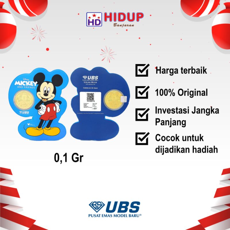 UBS Disney/ Mickey Mouse/ 0.100 Gram/Logam Mulia/Emas/Investasi/Gift Series/SNI
