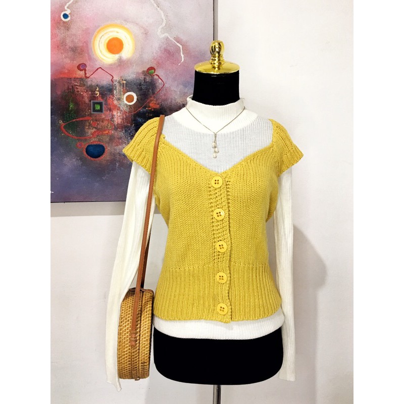 Vest rompi rajut kuning kunyit vintage korea