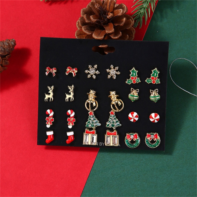 12 Pasang / Set Anting Stud Desain Snowflake Natal