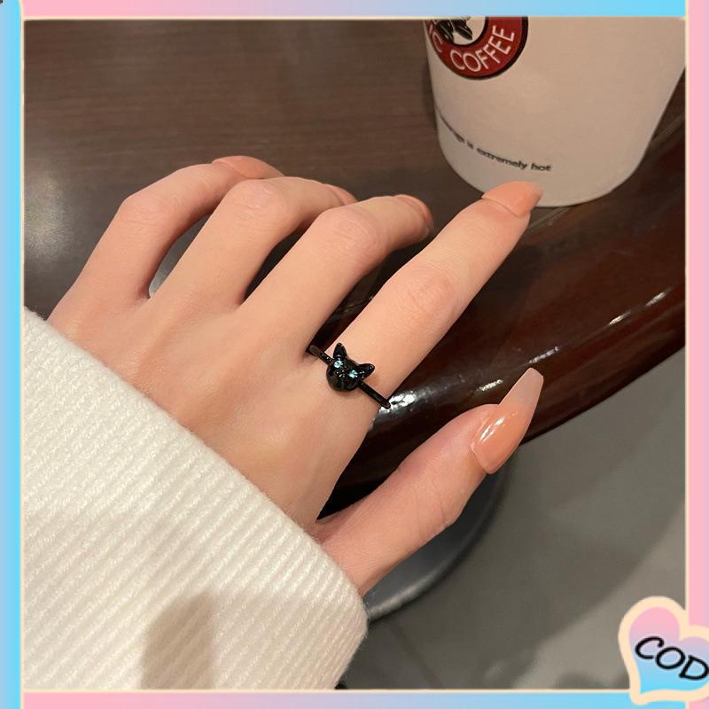 COD❤️ Cincin Kucing Hitam Wanita Trendi Desain Niche Cincin Jari Telunjuk Fashion Kepribadian Cincin-A.one