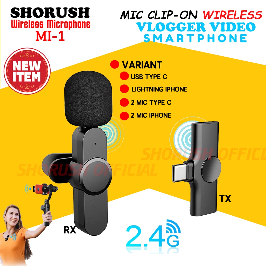 Shorush MI-1 Microphone Mic Clip On Wireless 2.4Ghz HP VLOG Youtuber Portable USB Type C Android Lightning Plus Iphone X XR XS 11 Pro Max SE 2 Dual