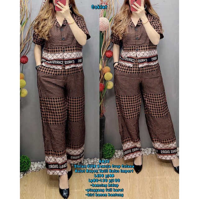 setelan dior kemeja crop 6420 rayon twill halus import set celana panjang kulot wanita stelan cewek 