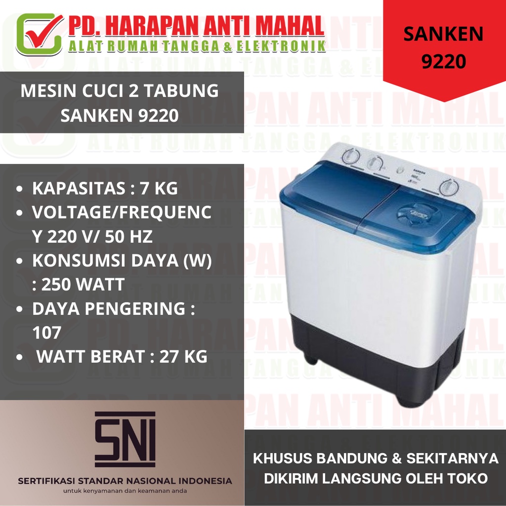 MESIN CUCI 2 TABUNG SANKEN 9220/ MESIN CUCI 9 KILO SANKEN 9220/ MESIN CUCI BESAR SANKEN 9220/  MESIN