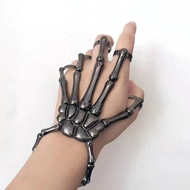 Gelang Cincin Rantai Adjustable Desain Kerangka Tulang Tangan Gaya Punk Untuk Dekorasi Halloween