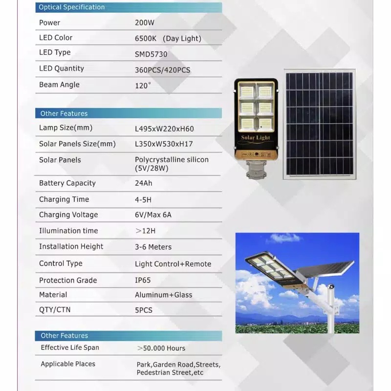 LAMPU JALAN SOLAR TENAGA SURYA 200 WATT SMD LED PJU SOLAR CELL OUTDOOR 200W PANEL SURYA TENAGA MATAHARI