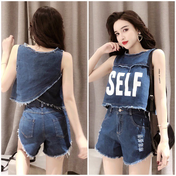 Baju Setelan Wanita Baju + Celana Pendek Jeans Import
