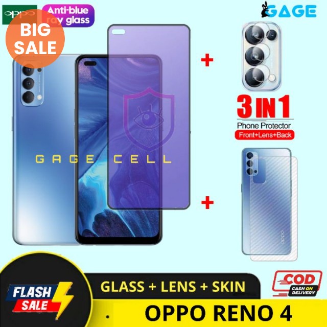 PAKET 3IN1- TEMPERED GLASS TG ANTI RADIASI BLUE LIGHT OPPO RENO 4 RENO4 FULL LAYAR SCREEN