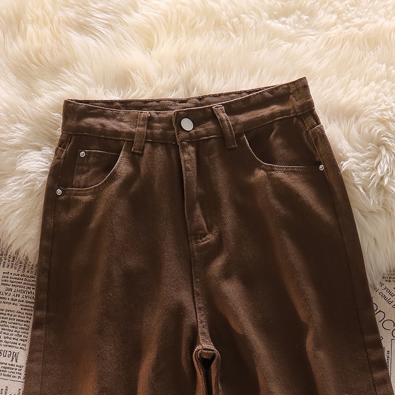 Ukuran Jumbo Jeans Coklat Korean Highwaist Lurus Loose Jeans Wanita Import（realpict）