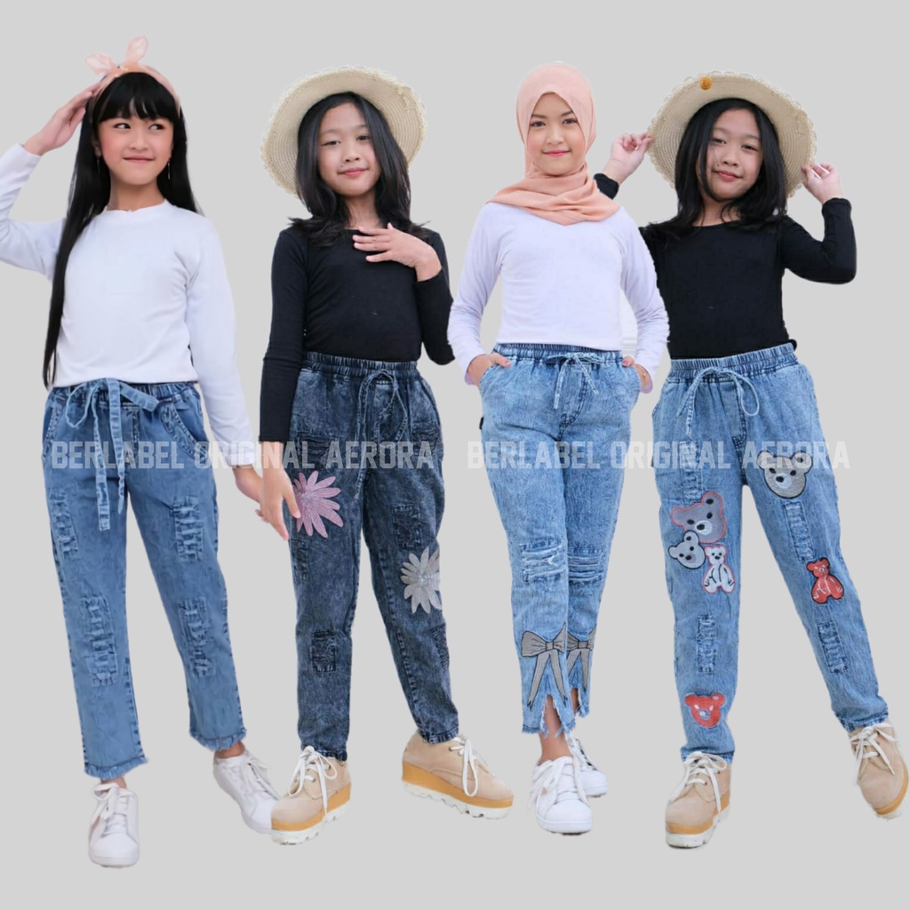 Celana Panjang Baggy Jeans Jens Anak Perempuan Tanggung 7 8 10 Tahun Pinggang Karet Ld 75 P 78 Fit L-XL Allsize