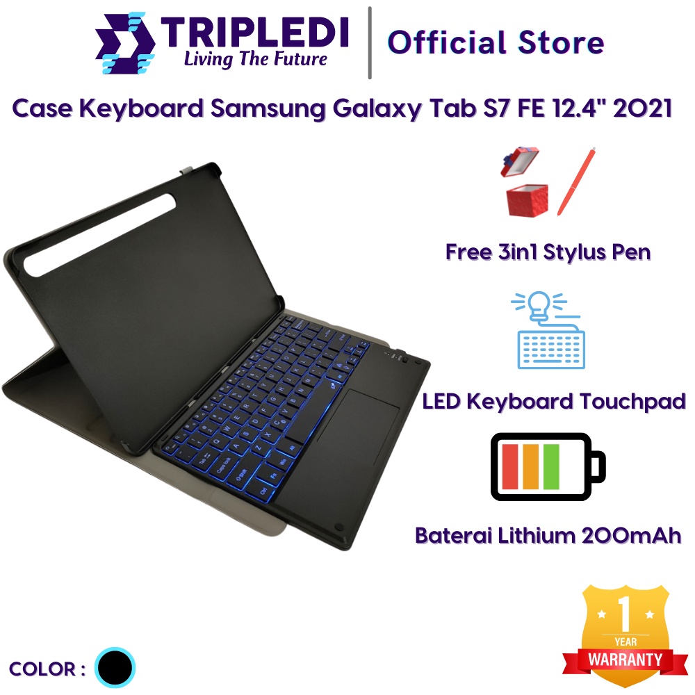 TRIPLEDI Case Samsung Galaxy Tab S7 FE 2021 5G Keyboard Touchpad Free Stylus Pen SM-T730 SM-T736B Flip Casing Leather Keyboard Trackpad Backlit LED Wireless Bluetooth Book Cover Folio Sarung Pelindung Tablet Android Stand Built-in Protektif Shockproof-Hitam