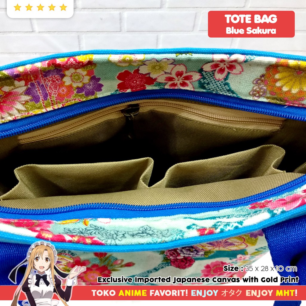 Tas Tote Bag Jepang Canvas Kanvas Impor Biru Blue Sakura