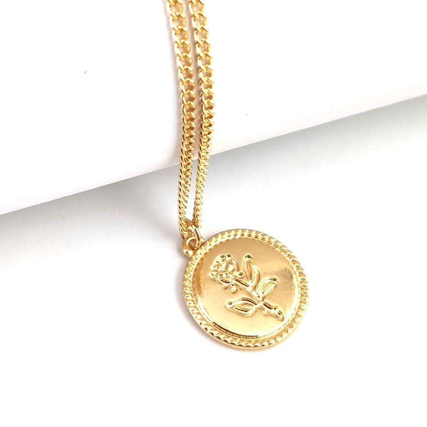 Kalung Rose Flower Necklace Single Layer Coin Round Rose Pattern Kalung