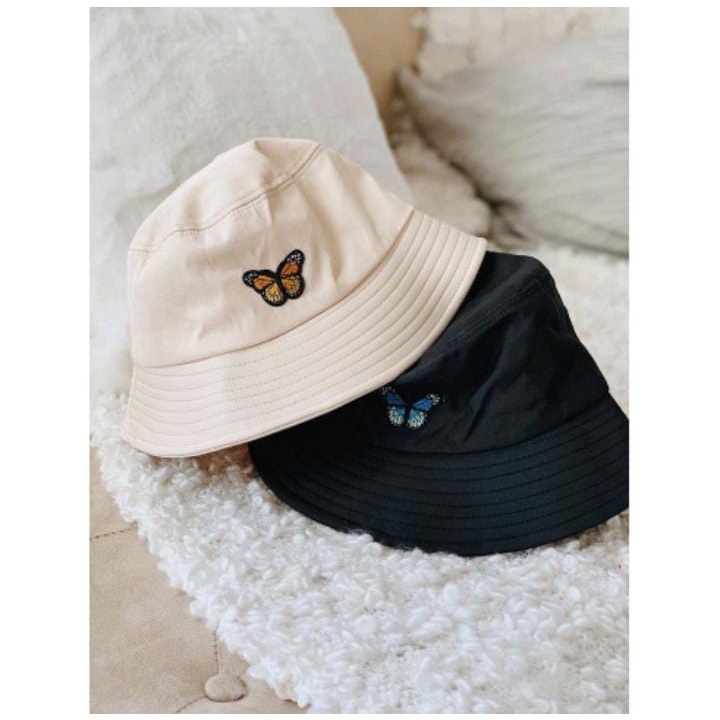 Topi Bucket hat Wanita Kekinian Bordir Casual Butterfly