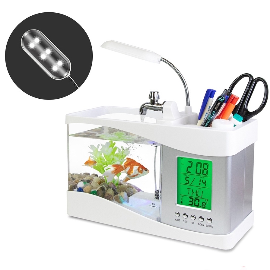 USB Aquarium Mini + Jam Kalender Digital + Box Alat Tulis