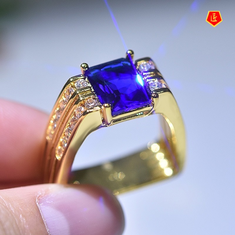 [Ready Stock]Gold Micro Inlay Blue Square Diamond Ring