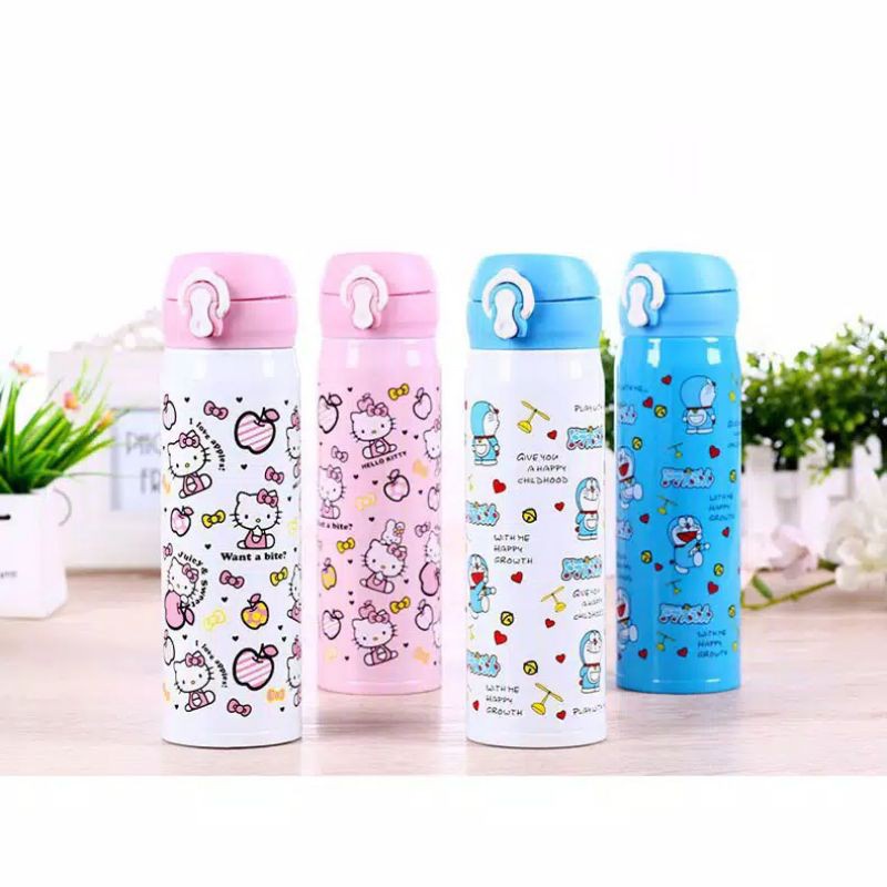 Termos Tutup Kancing Tumbler 450 ml Botol Air Minum Tahan Panas Dingin Karakter Hello Kitty Doraemon