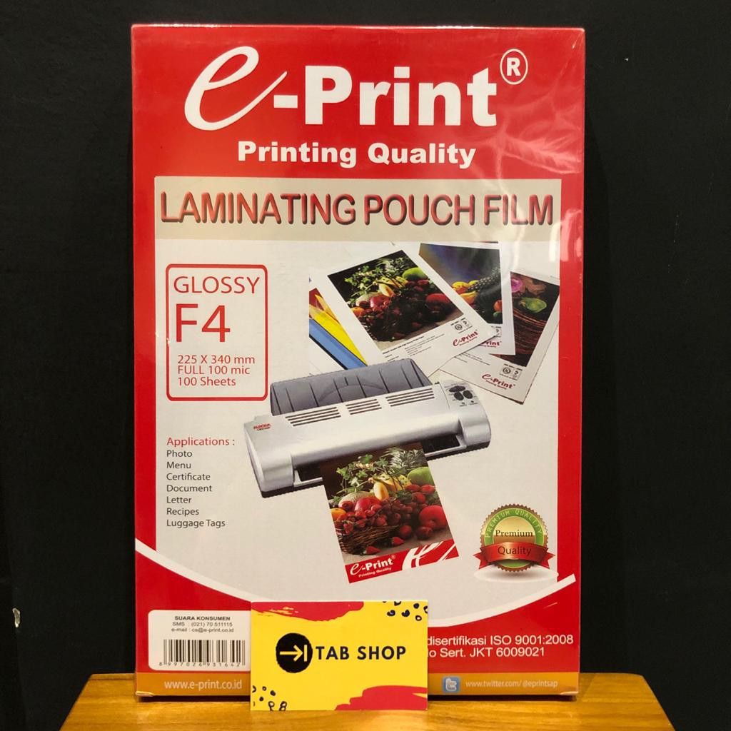 

TAB SHOP - EPRINT LAMINATING POUCH F4 100 MIC 100 SHEETS - E-PRINT KERTAS LAMINASI KANTONG PANAS F4 100 MIC100 SHEETS