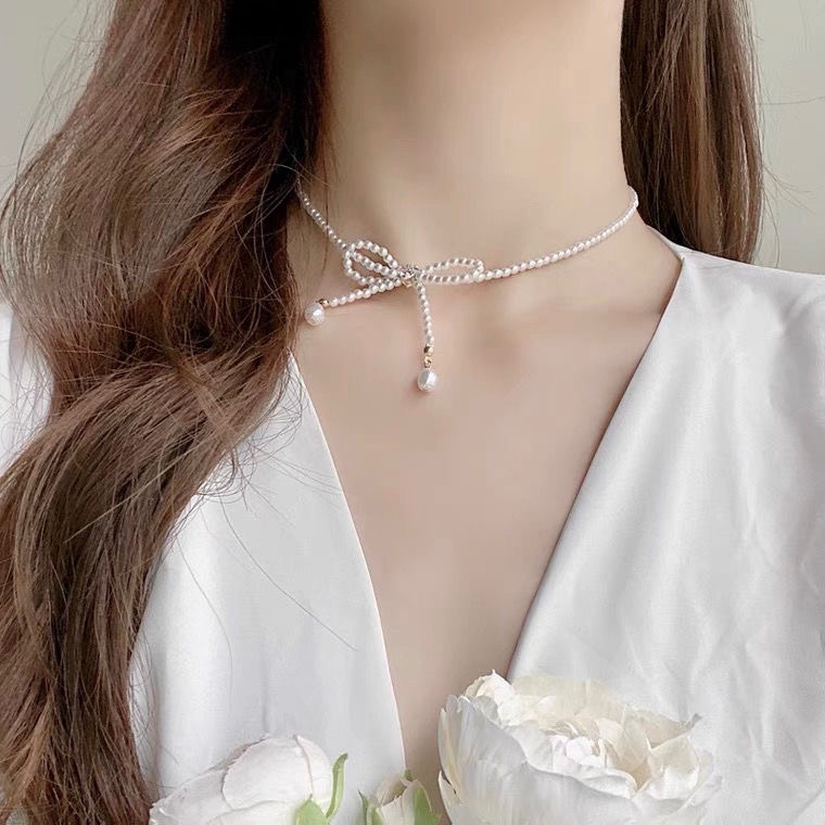 YEEZII Elegant Fashion Pearl Necklace Sweet Bowknot Chain Choker Necklace for Women Accessories Jewelry Gift