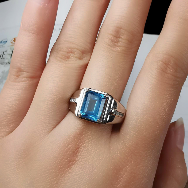 Cincin Berlian Platinum Aquamarine Kristal Biru Perak Untuk Pria Dan Wanita