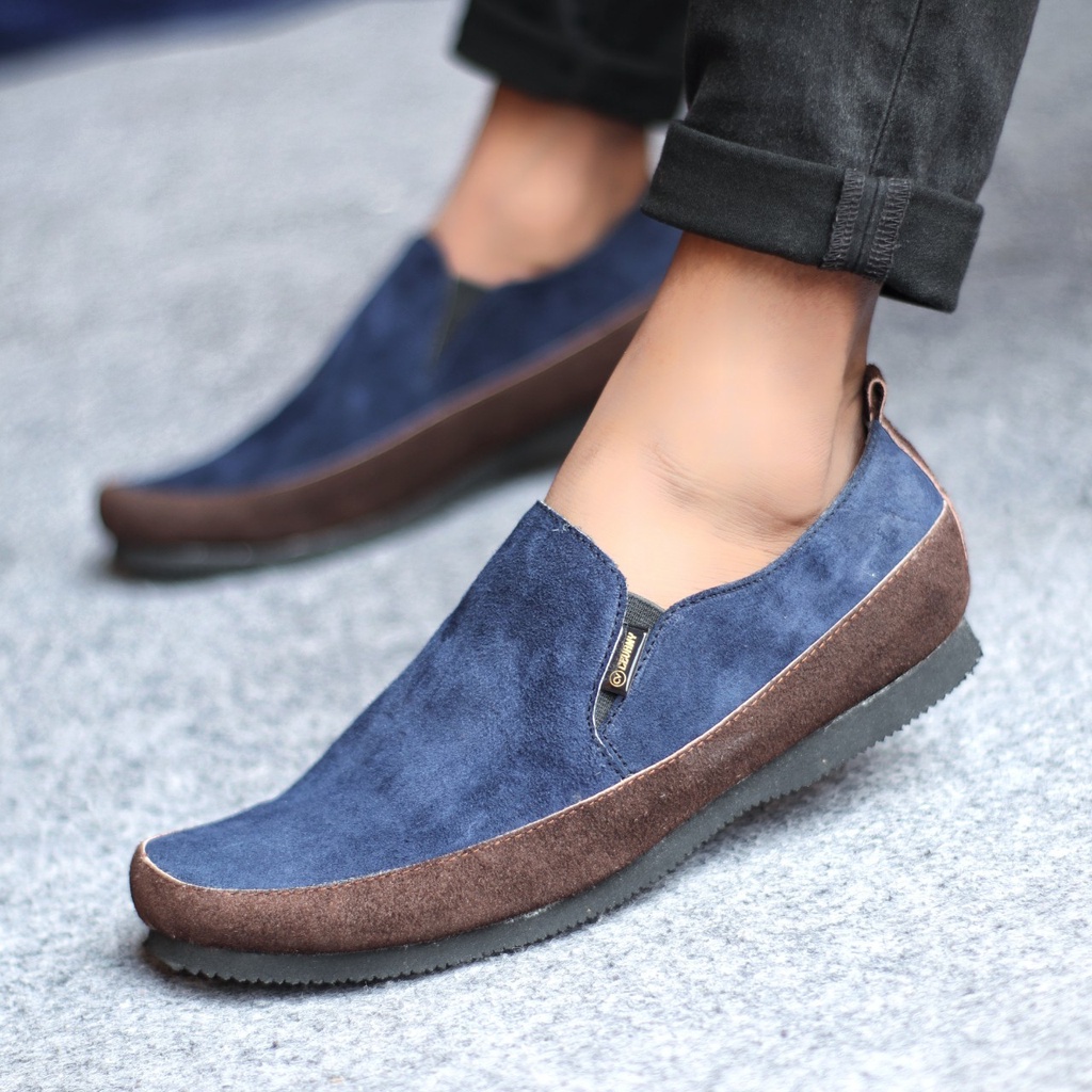 MARO Sepatu Casual Slop Pria HItam Kulit Asli Suede Slip On Cowok Trendy Murah