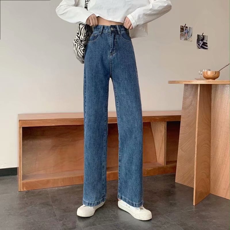 (COD) Celana Jeans Wanita Loose Biru Tua High Waist Fashion Korean Style