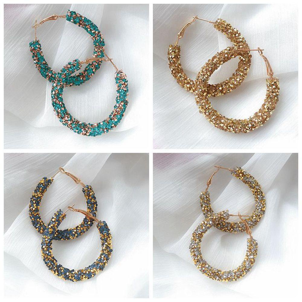 R-flower Crystal Hoop Earring Fashion Glitter Drop Menjuntai Mengkilap Besar Geometris Bulat