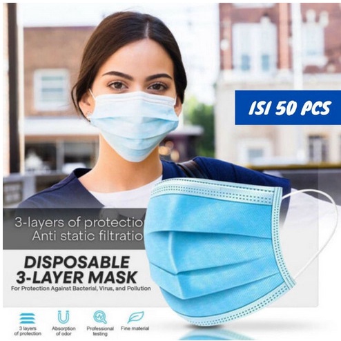 Masker 3PLY earlop biru Isi 50PCS Disposable Protective Mask Earloop