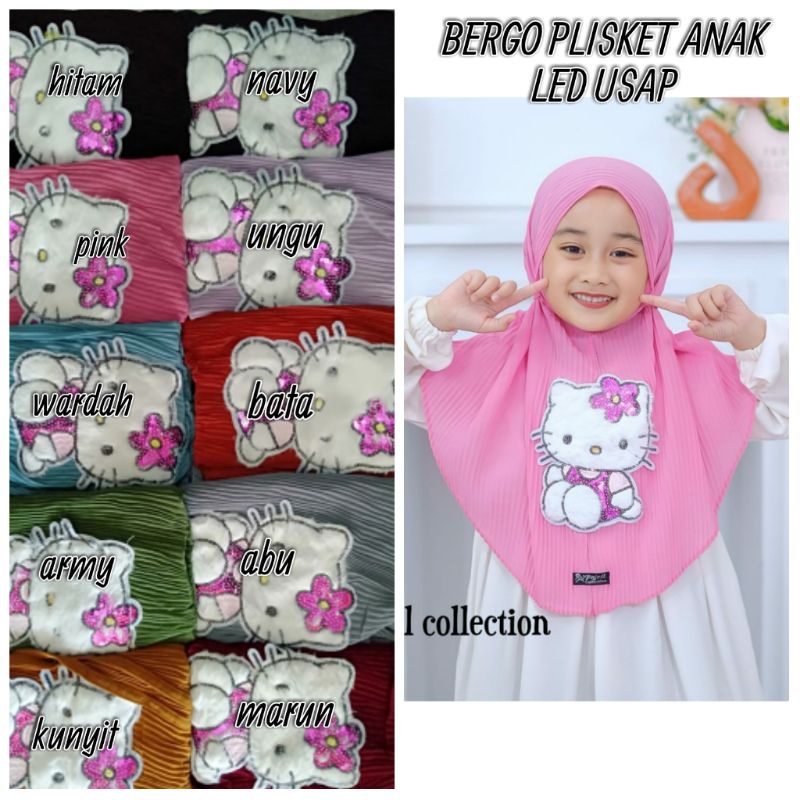 HIJAB BERGO PLISKET ANAK MOTIF HELLO KITTY NONPED LED USAP