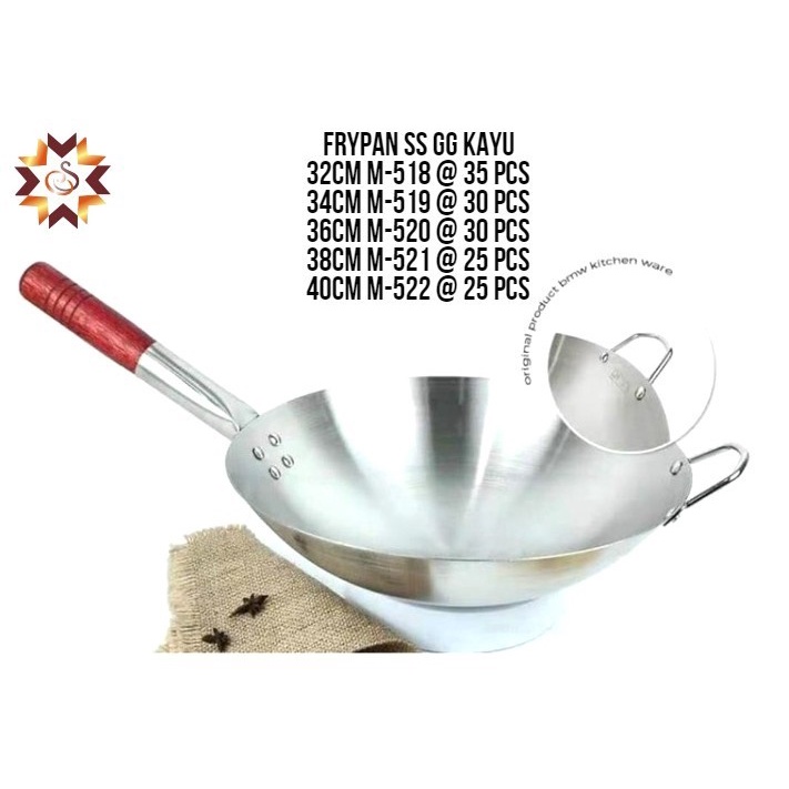 Wajan Gagang Kayu Stainless Tahan Panas Penggorengan 40cm