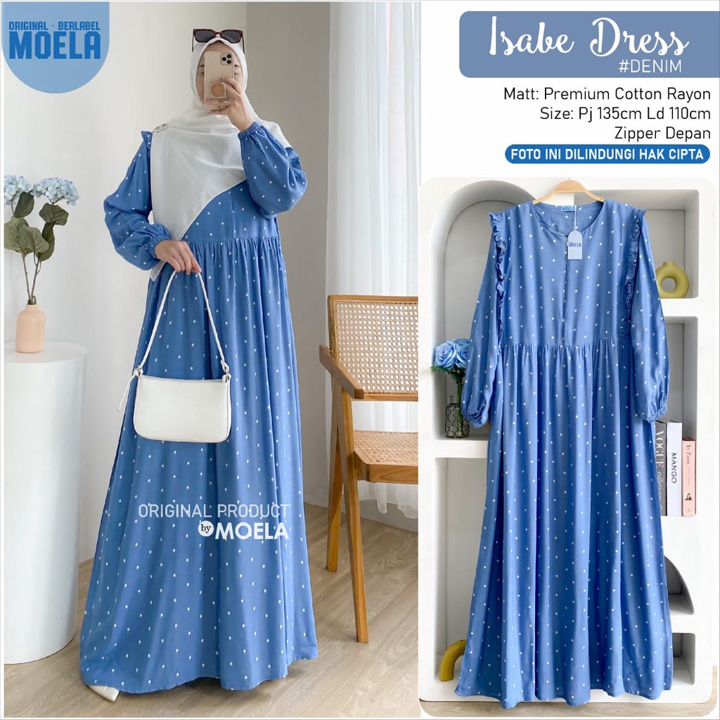 DRESS ISABE ld 110cm by ORIGINAL MOELA zipper depan BUSUI friendly polkadot MUSLIM lebaran OOTD ramp