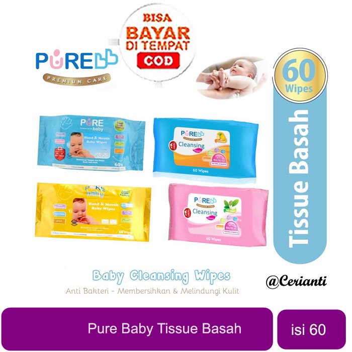 [COCOK KULIT SENSITIF] [PREMIUM &amp; TEBAL | 60PCS] [BPOM] Pure BB Baby Wipes Hand and Mouth &amp; Baby Cleansing Tissue | Tissue Basah_Cerianti