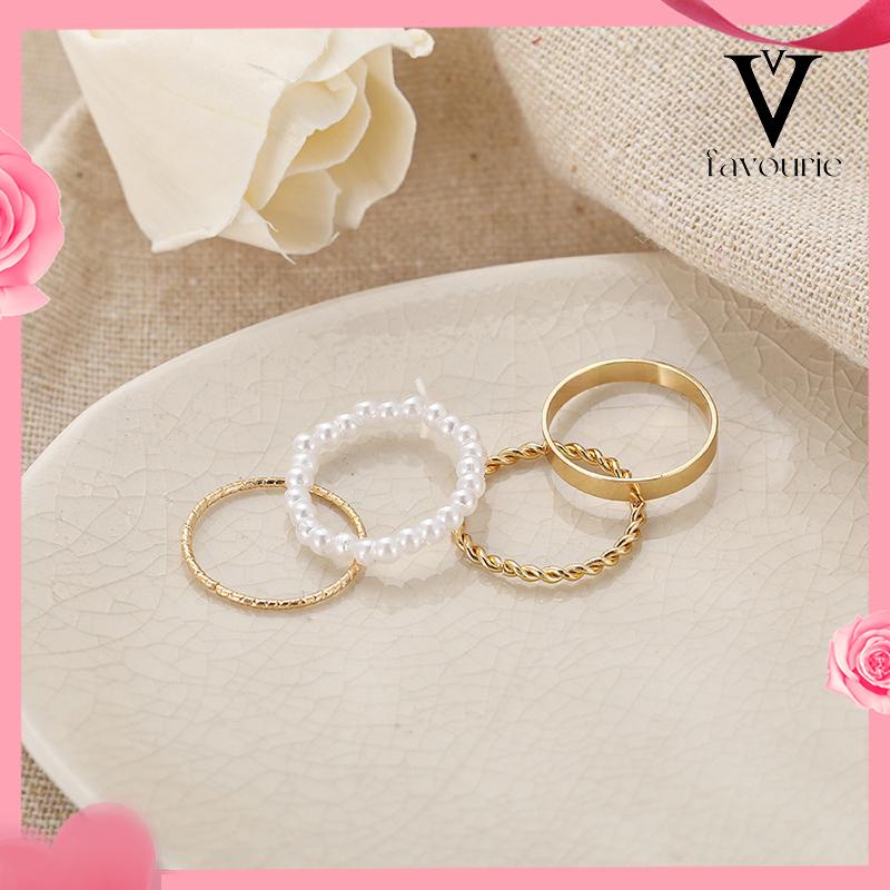 [COD]Korea Wanita Mutiara Cincin Wanita Emas Cincin Logam Set Fashion Perhiasan Aksesoris-FA