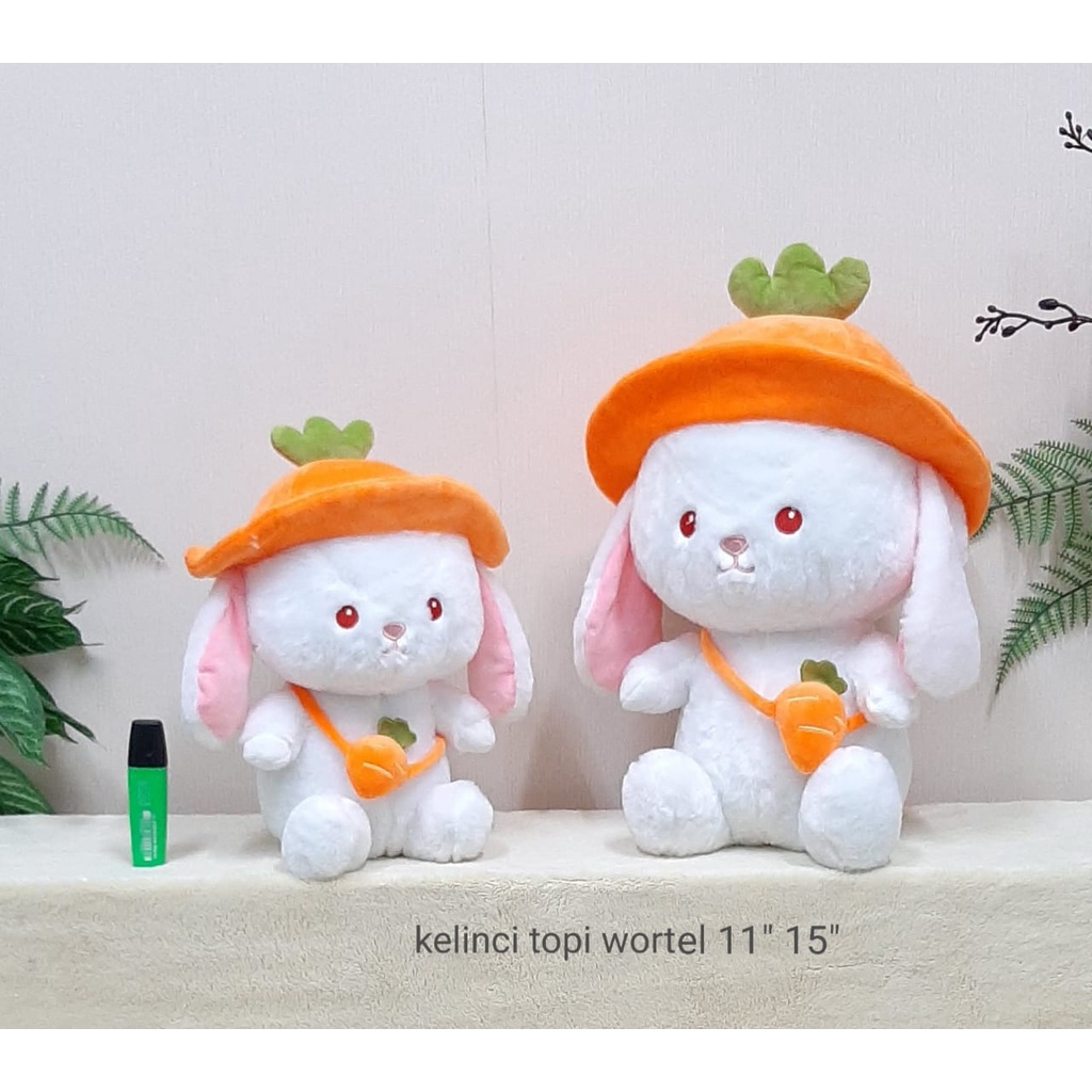 Boneka Kelinci Topi Wortel Size 15&quot;/37cm/boneka rabbit/boneka animal/boneka anak lucu/