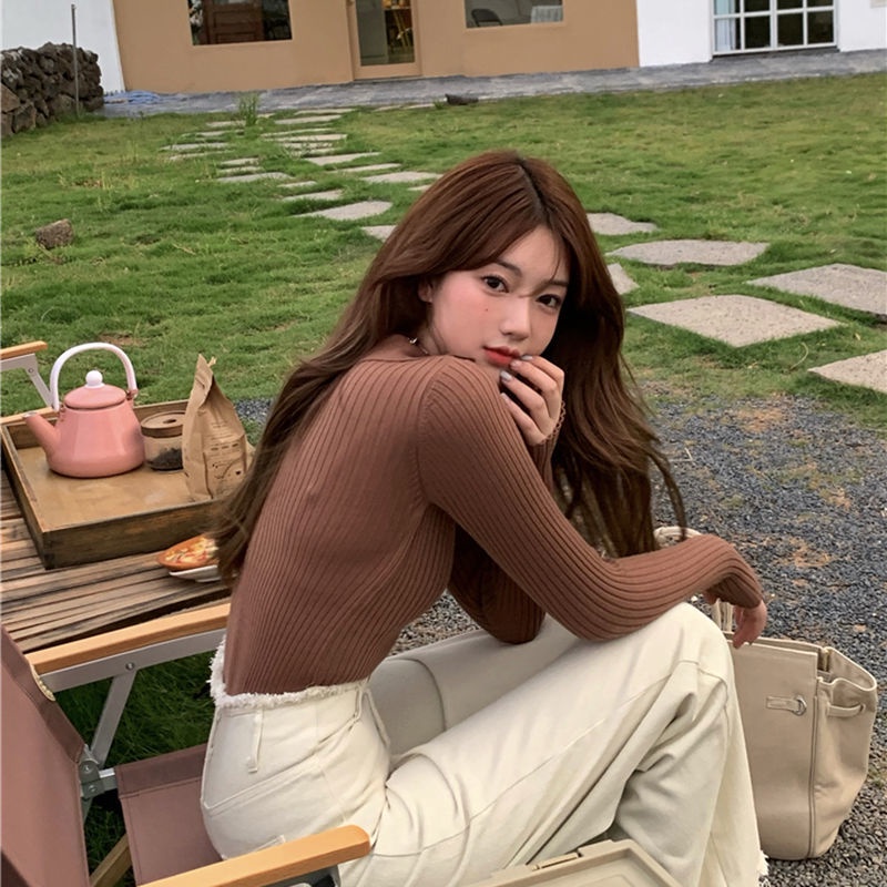 Suhao Lengan Panjang Slip Knitwear Wanita Musim Gugur Baru Slim Pendek Turtleneck Polo T-Shirt Atasan Dalam