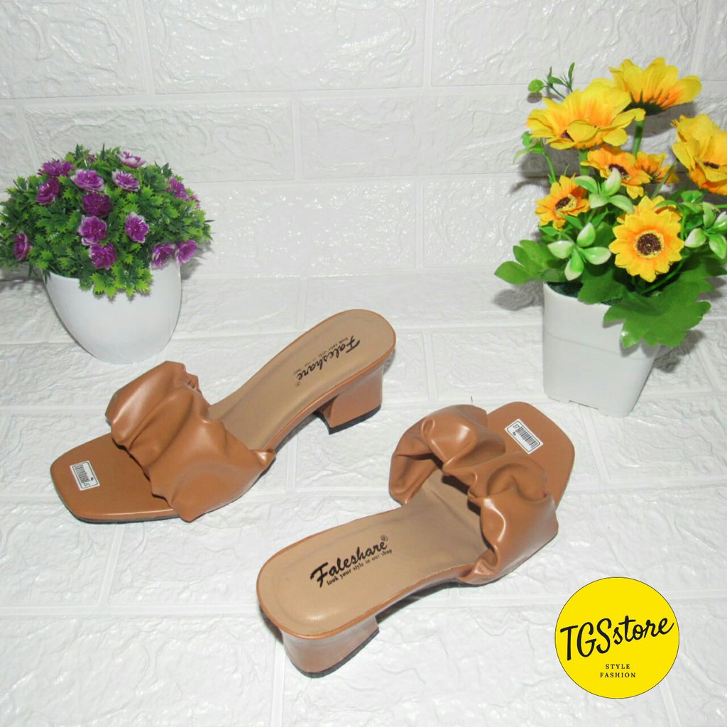 sandal heels hak wanita slop kerut