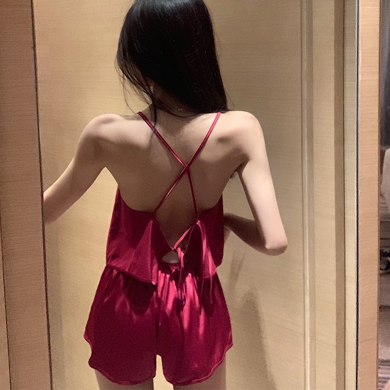 suhao Fashion Wanita Baru Seksi Punggung Terbuka Piyama Diikat Spaghetti Tali+Longgar Lebar Kaki Pen