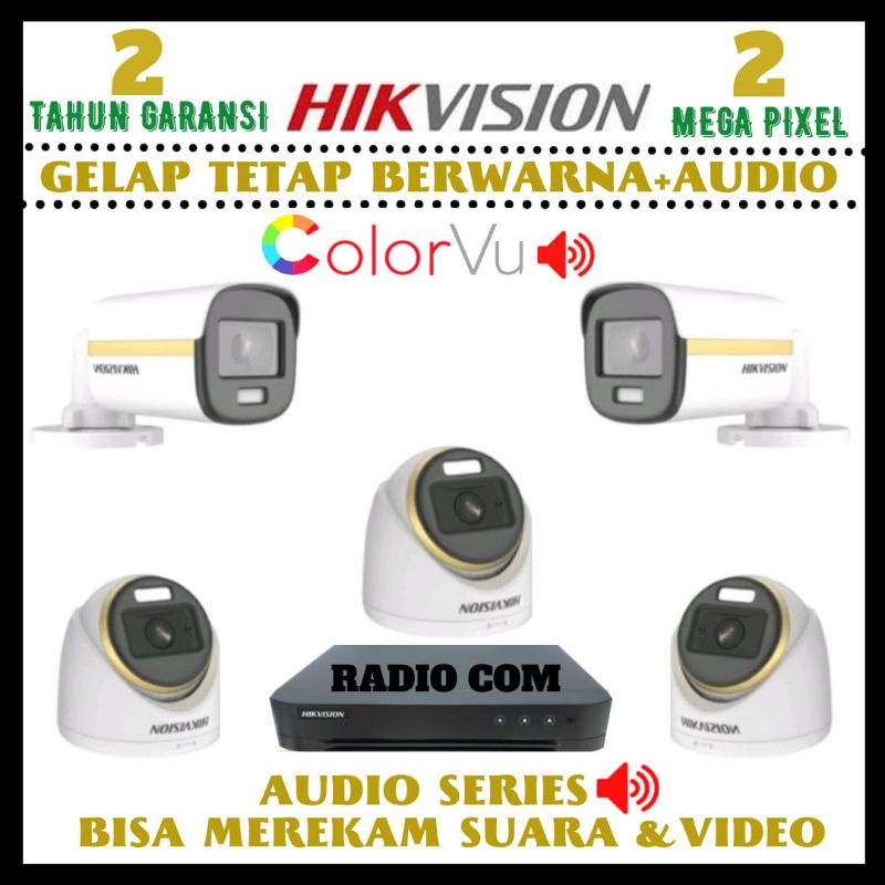 PAKET CCTV HIKVISION COLORVU 2MP 8 CHANNEL 5 KAMERA AUDIO FUL COLOR SIANG MALAM BERWARNA