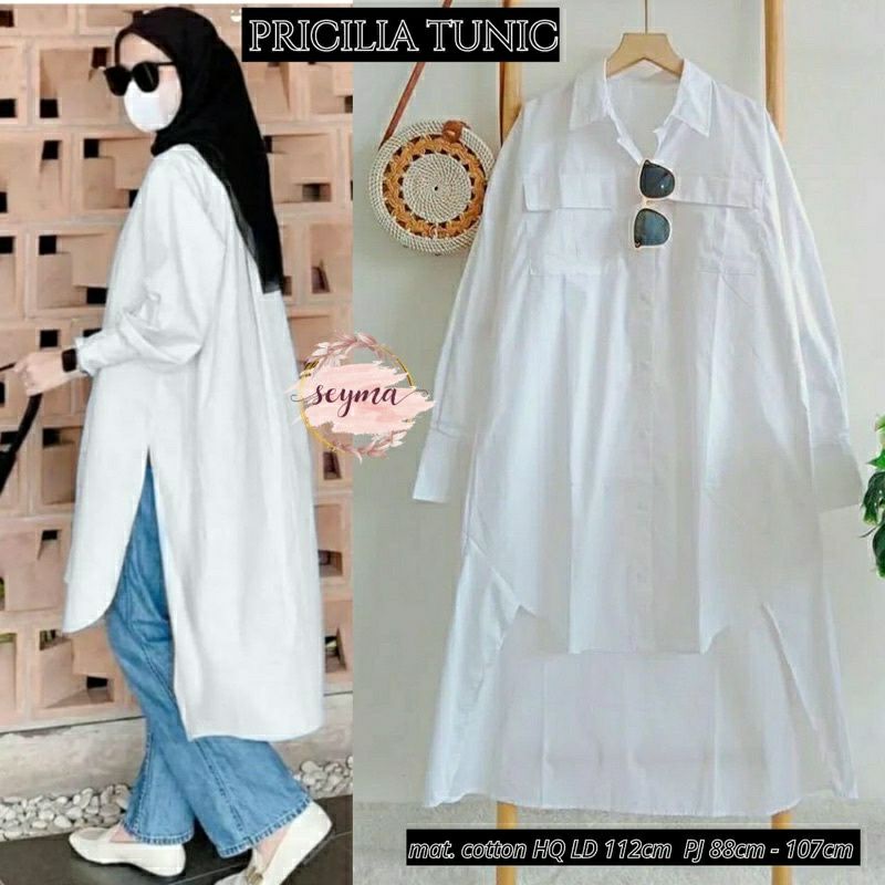 Pricilia Tunic, TUNIK PUTIH WANITA MUSLIM POLOS CANTIK FIT XXL LD 112 BAHAN KATUN IMPORT TERMURAH OOTD TERLARIS