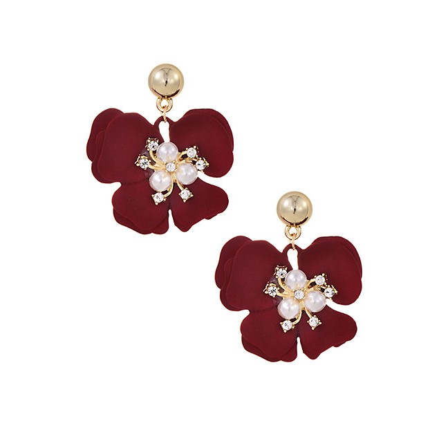 LRC Anting Tusuk Fashion Alloy Pearl Diamond Flower Earrings D52811