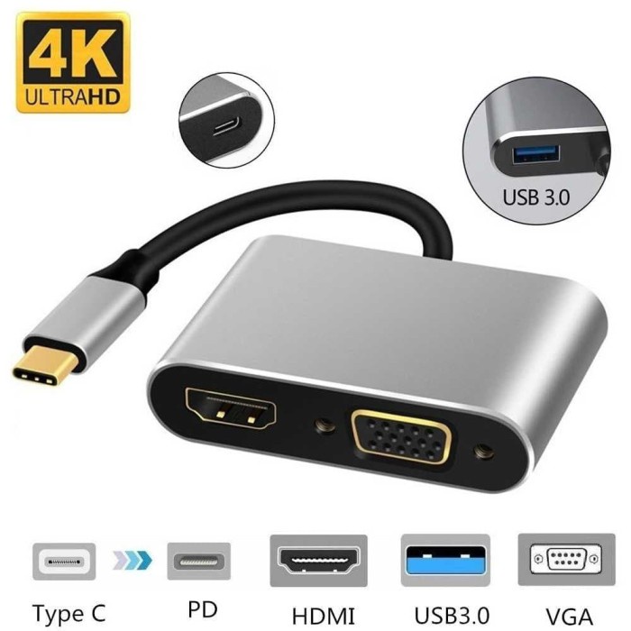 Adapter USB Type C to HDMI VGA PD Charging 4K 87W Aluminium