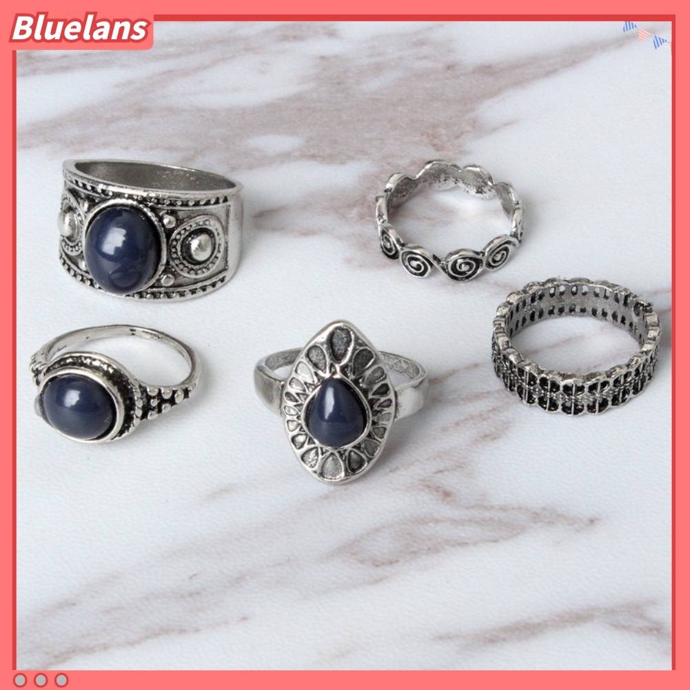 Bluelans 5Pcs Bohemian Vintage Blue Stone Alloy Finger Ring Women Charming Jewelry