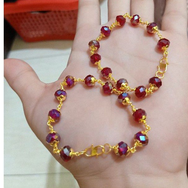 GELANG KRISTAR MERAH MARON BESAR PERAK 925 LAPIS MAS 24K