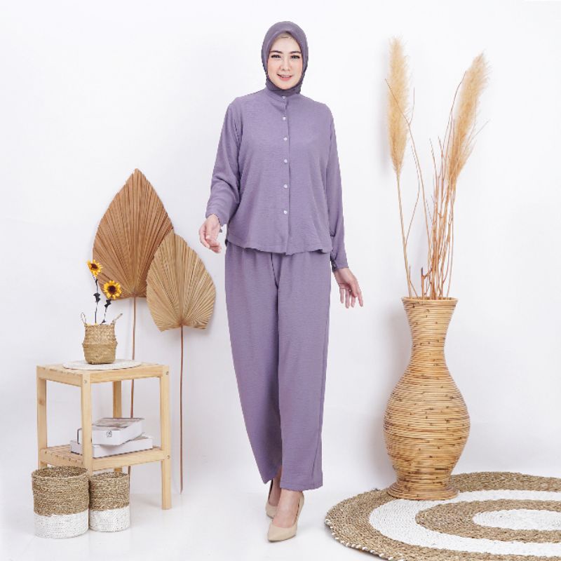 Kemeja set wanita krah shanghai | Setelan kemeja busui lengan panjang | Setelan kemeja oversize crinkle