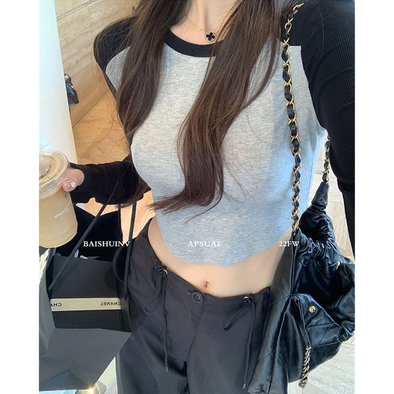 Suhao Amerika hot girl threaded raglan lengan T-shirt wanita awal musim gugur gaya baru jahitan ramping ramping pendek lengan panjang top in pasang